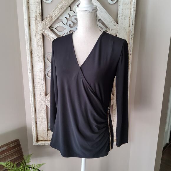 Nine West Women's Faux Wrap Chain Detail Surplice Top in Black - Picture 3 of 10